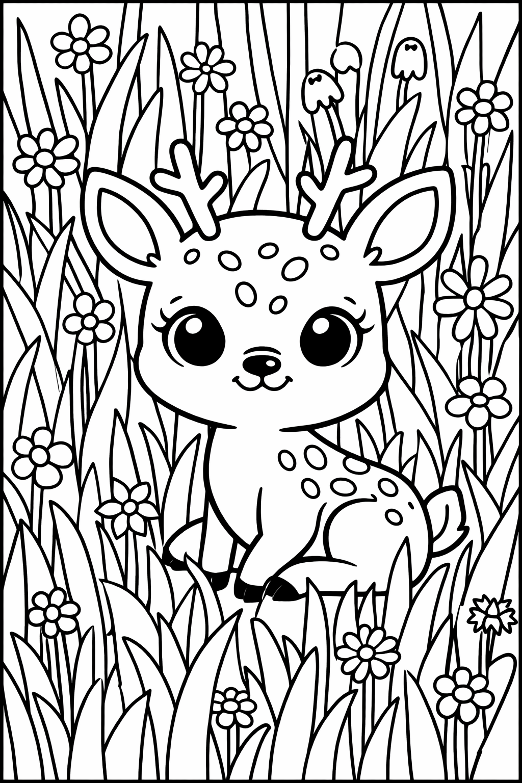 A coloring page depicting a cute fawn sitting among flowers in a grassy field. Ideal for children to explore their creativity by coloring the natural and gentle scene.