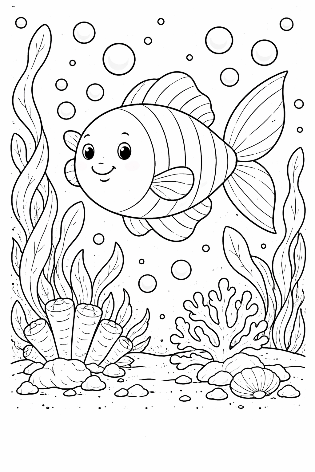 The coloring page depicts a cute fish surrounded by seaweed, corals, and bubbles. It's designed for children to explore undersea life while improving artistic skills.