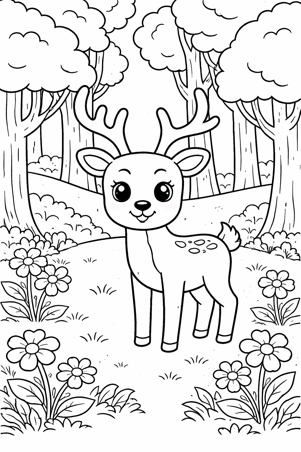 A cute deer stands in a vibrant forest, surrounded by large trees and beautiful flowers. Children can enjoy coloring this detailed nature scene, enhancing their creativity and concentration.