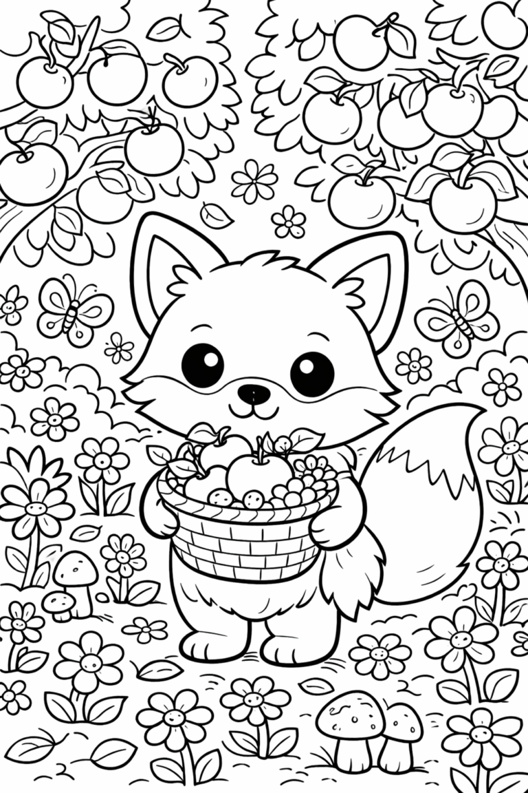 Charming coloring page of a cute fox with a fruit basket, surrounded by fruit trees, flowers, and butterflies in a scenic meadow. Ideal for children who enjoy coloring nature and animal scenes.