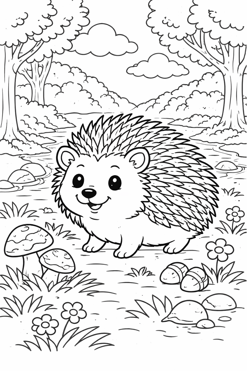 Coloring page of a cute hedgehog in a forest, with trees, mushrooms, and flowers adorning the scene, perfect for children to engage with nature and coloring.