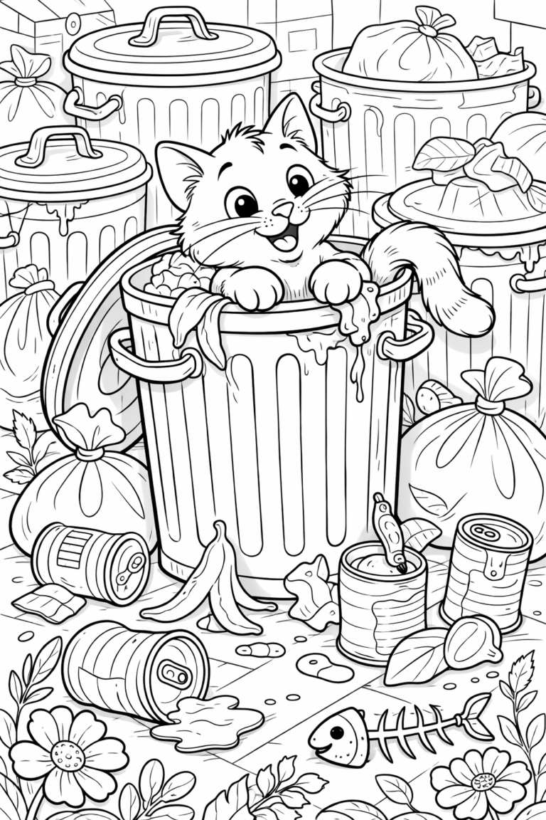 Illustration of a cute kitten peering from a trash can, surrounded by various garbage items such as banana peels, tin cans, and garbage bags, amidst a lively and engaging background.