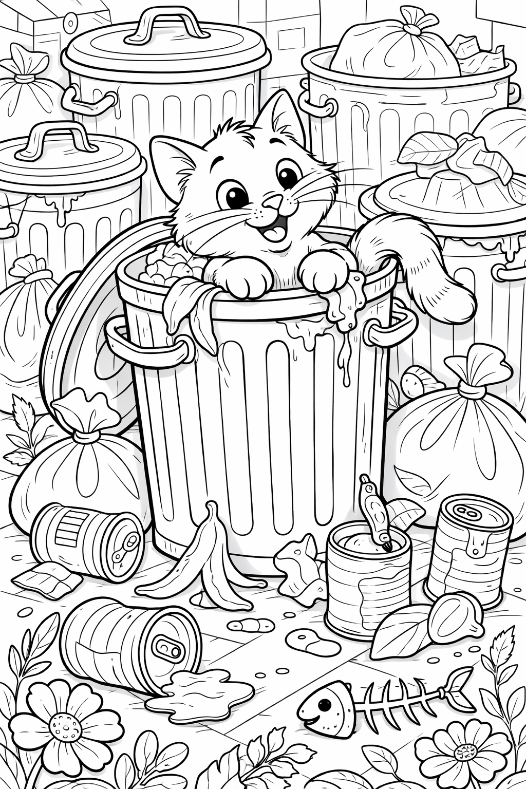 Illustration of a cute kitten peering from a trash can, surrounded by various garbage items such as banana peels, tin cans, and garbage bags, amidst a lively and engaging background.