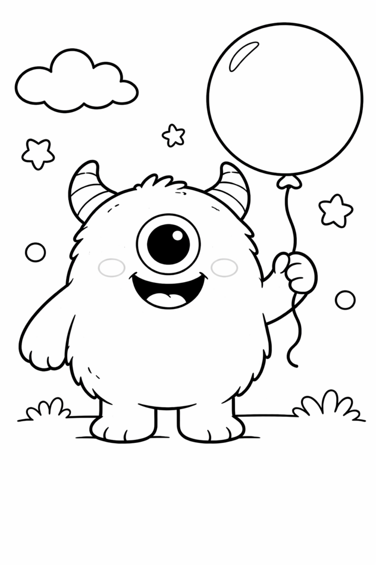 A cute monster holding a balloon with a big smile, surrounded by stars and a cloud. Ideal for a fun children's coloring activity that encourages creativity and imagination.