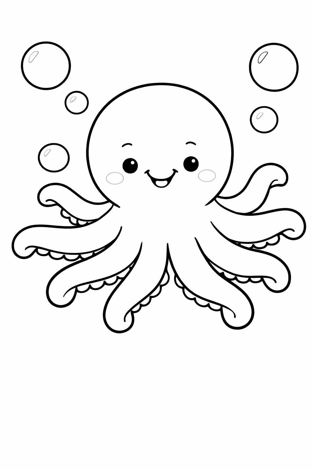 Coloring page of a cute octopus with a smiling face surrounded by bubbles, designed for young children to color and explore oceans.