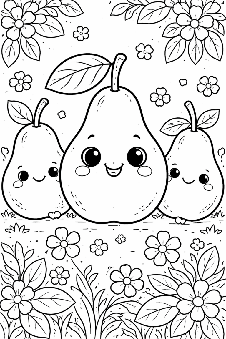Three cute pears with expressive faces are surrounded by flowers and leaves, creating an engaging and creative scene for children to color. The playful style encourages imagination and artistic expression.