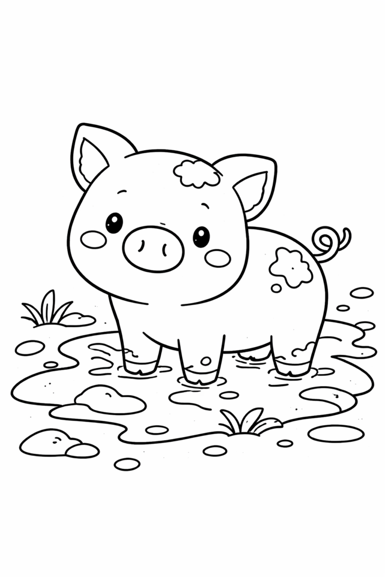 An adorable piglet stands surrounded by a puddle. It appears happy and playful, perfect for kids to color and enjoy. This cute piggy will inspire creativity and fun.