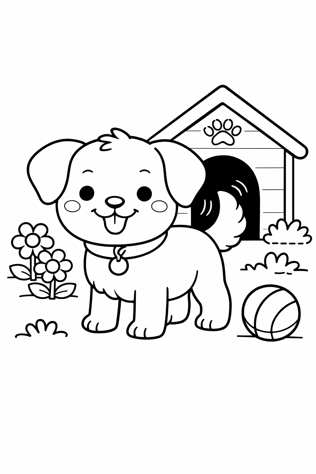 A charming puppy standing in front of a doghouse, surrounded by flowers and a ball, ready to be colored by children.