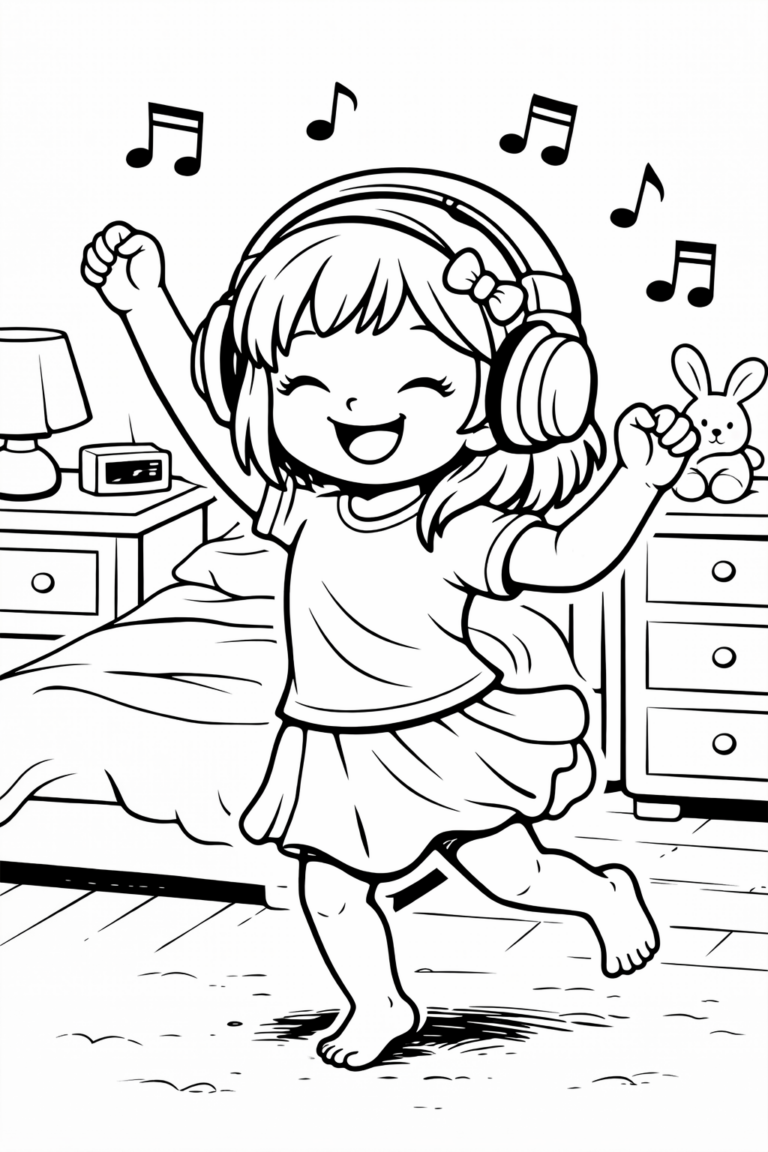 A happy girl dancing with headphones on, surrounded by musical notes, a comfy bed, a lamp, and a stuffed bunny on a drawer, inviting kids to bring the scene to life with colors.