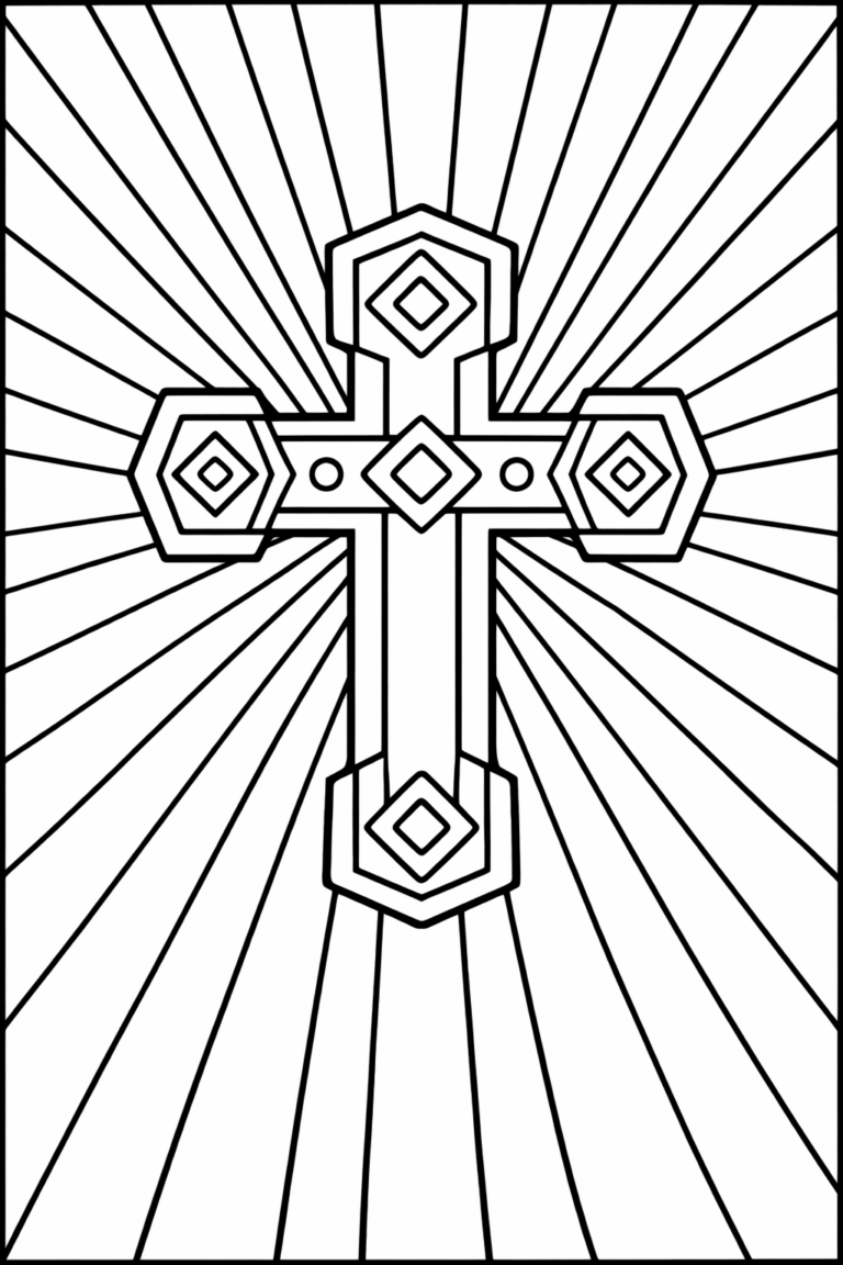 An intricate coloring page displaying a detailed cross with geometric designs and rays extending outward. This pattern offers a creative and calming activity for children who enjoy complex designs and religious motifs.