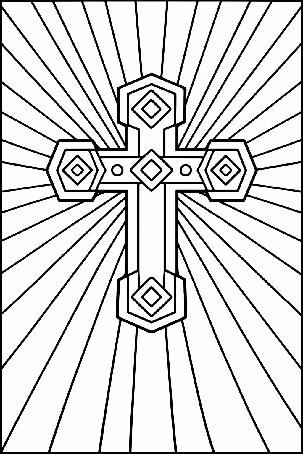 An intricate coloring page displaying a detailed cross with geometric designs and rays extending outward. This pattern offers a creative and calming activity for children who enjoy complex designs and religious motifs.