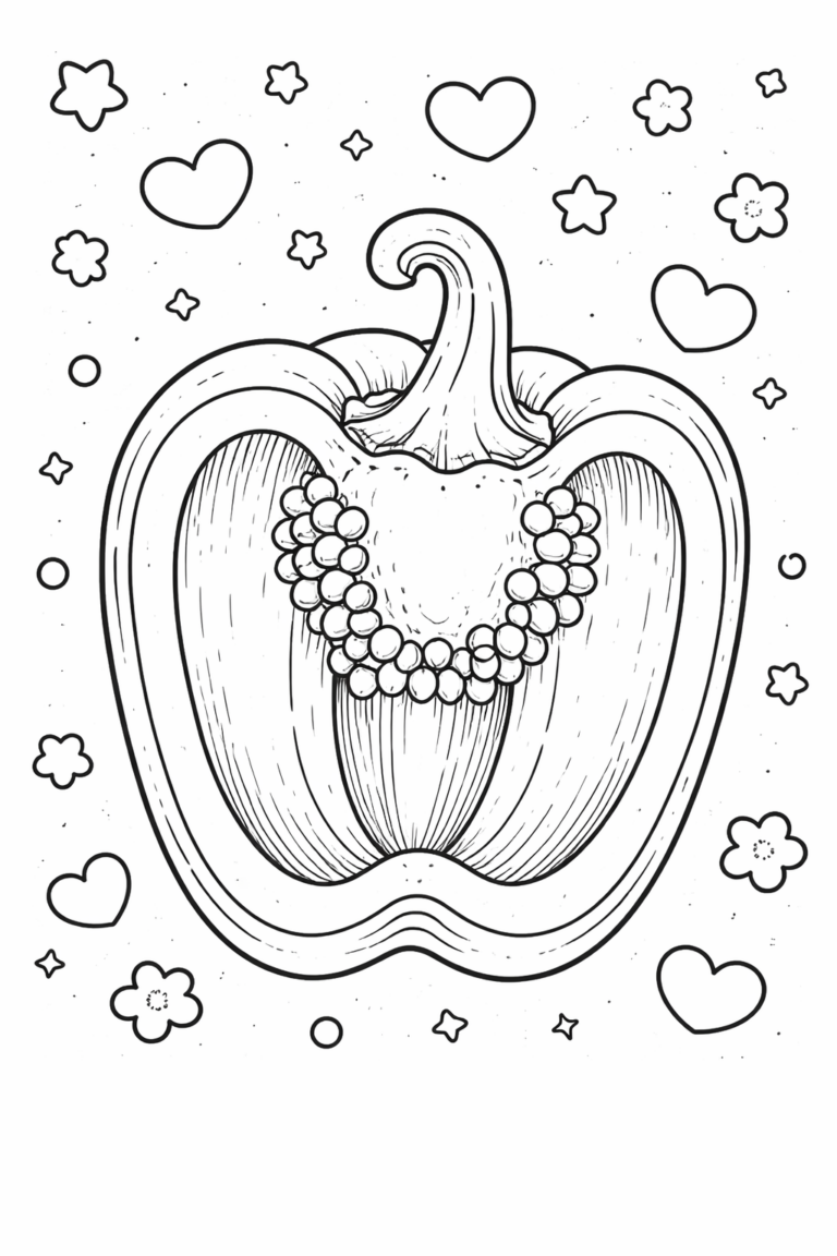 A detailed coloring page showing a decorative pumpkin adorned with beads. The background is filled with whimsical hearts and stars, providing an engaging and creative coloring activity for children. The intricate details invite kids to use a variety of colors.