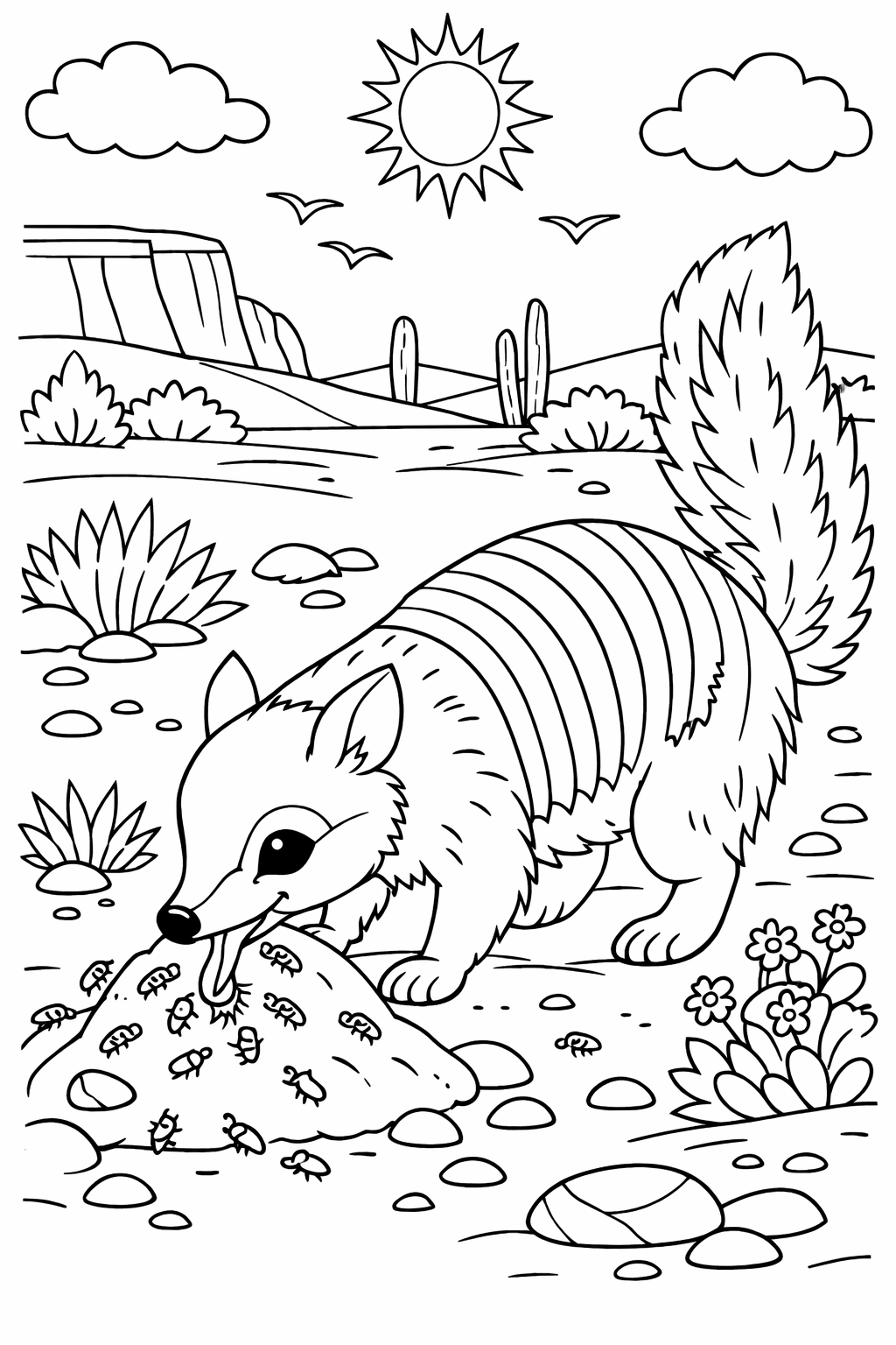 A delightful desert-themed coloring page depicting a striped animal in its natural habitat. Children will enjoy coloring the landscape that includes sun, clouds, plants, and insects, offering a glimpse into the life of desert animals.