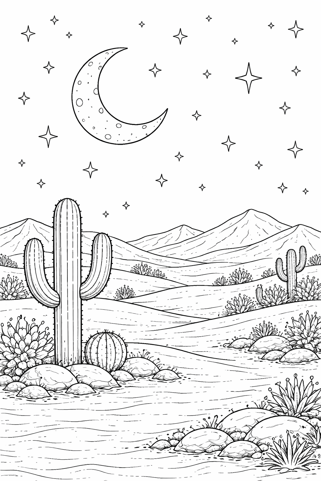 A children's coloring page depicting a desert landscape with tall cacti, rolling dunes, and a crescent moon surrounded by stars. Kids can color this enchanting night scene to spark their imagination and creativity.
