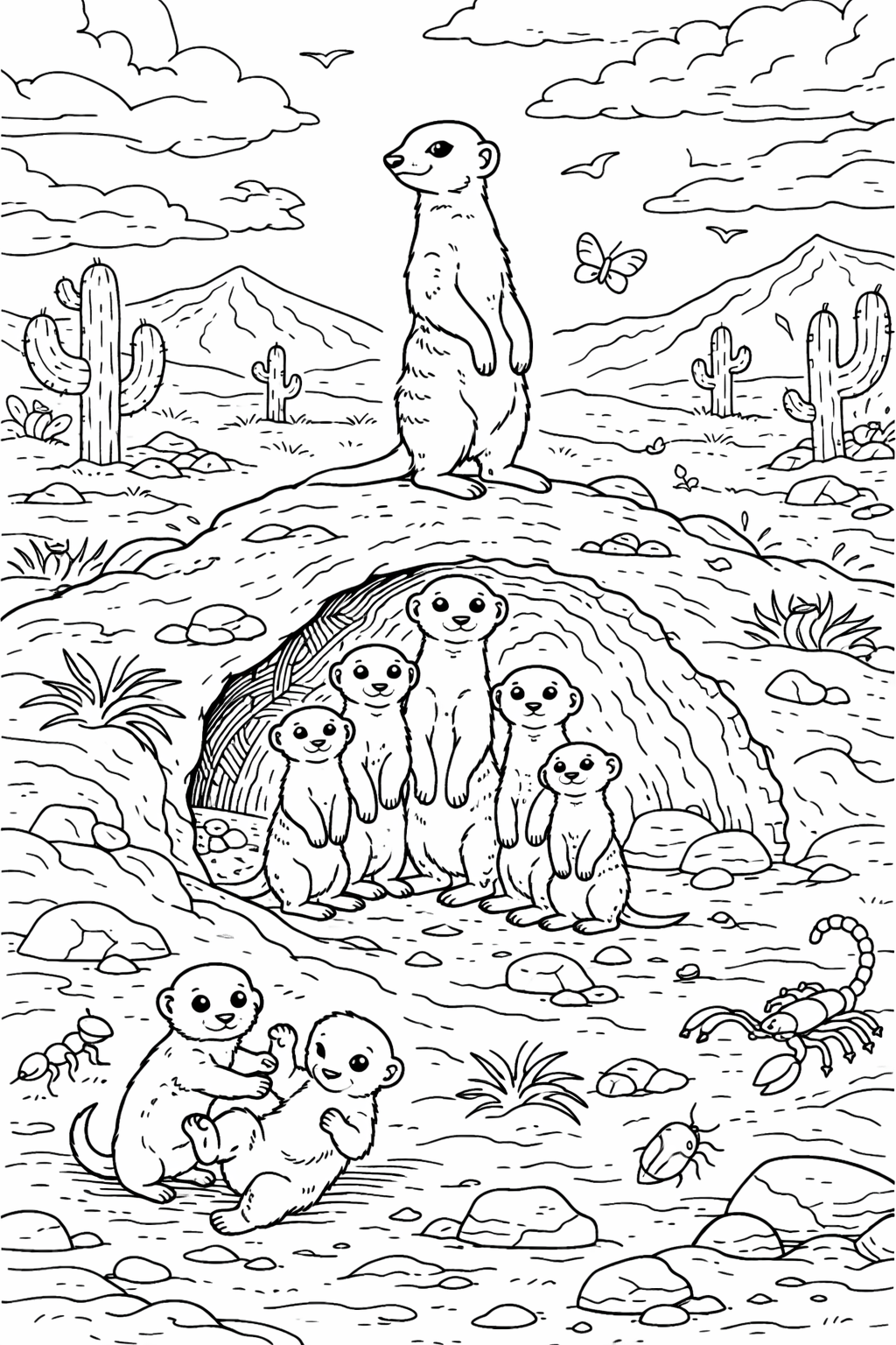 A coloring page of meerkats in a desert landscape with cacti, butterflies, and a scorpion, perfect for children to enjoy coloring while learning about wildlife.