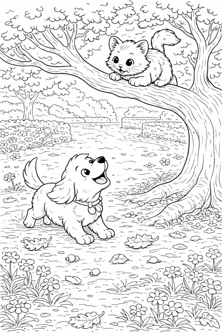 A playful scene featuring a cute dog glancing up at a cat sitting on a tree branch, surrounded by a garden with flowers and trees. Perfect for kids to color and explore imaginative play.