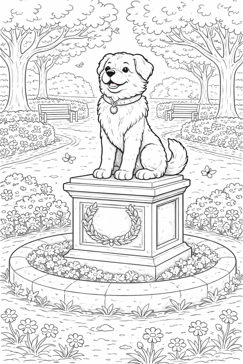 A charming dog statue on a pedestal in a lush park setting, surrounded by trees, flowers, benches, and fluttering butterflies. Perfect for children to color and enjoy.