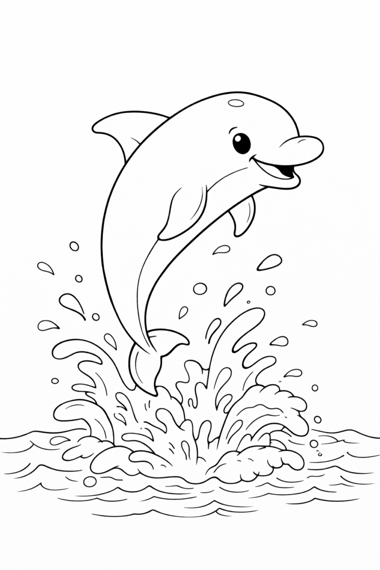 A playful dolphin is depicted with a joyful expression, jumping out of the ocean surrounded by dynamic splashes of water. This coloring page is ideal for children interested in marine animals.