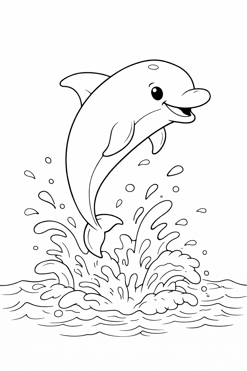 A playful dolphin is depicted with a joyful expression, jumping out of the ocean surrounded by dynamic splashes of water. This coloring page is ideal for children interested in marine animals.