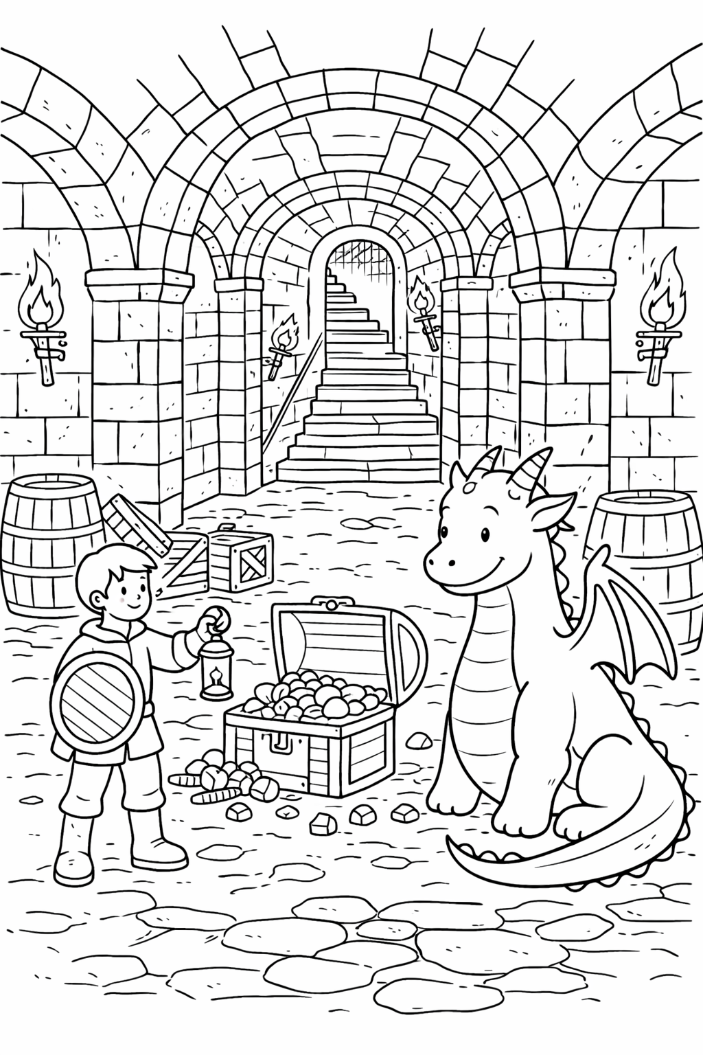 A young adventurer holding a lantern beside a friendly dragon in a castle. The duo stands next to a treasure chest filled with gold, surrounded by barrels and lit torches, offering a whimsical scene for children to color.