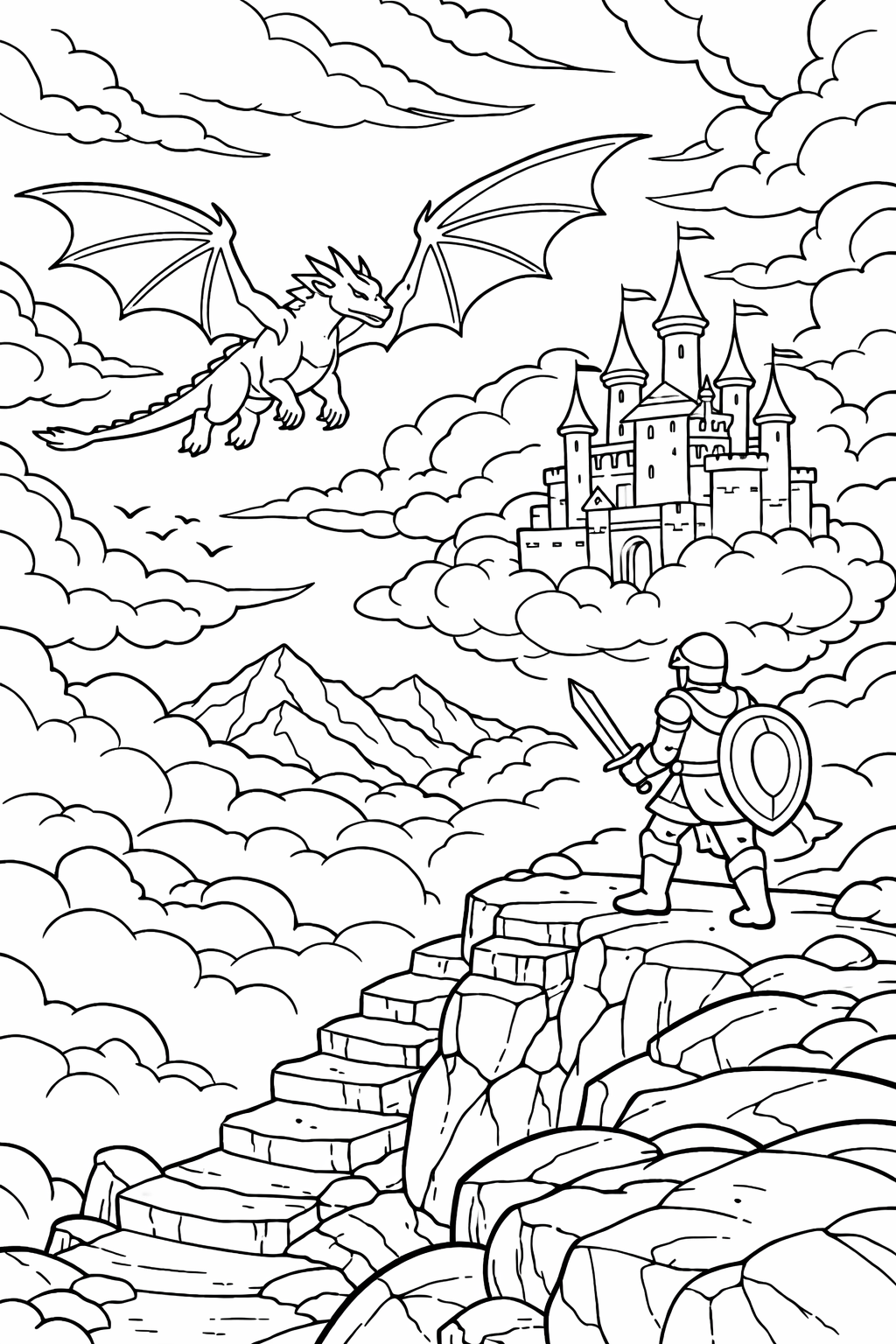 A fantasy coloring page depicting a courageous knight standing on a cliff with a sword and shield, facing a dragon flying above the clouds near a towering castle.