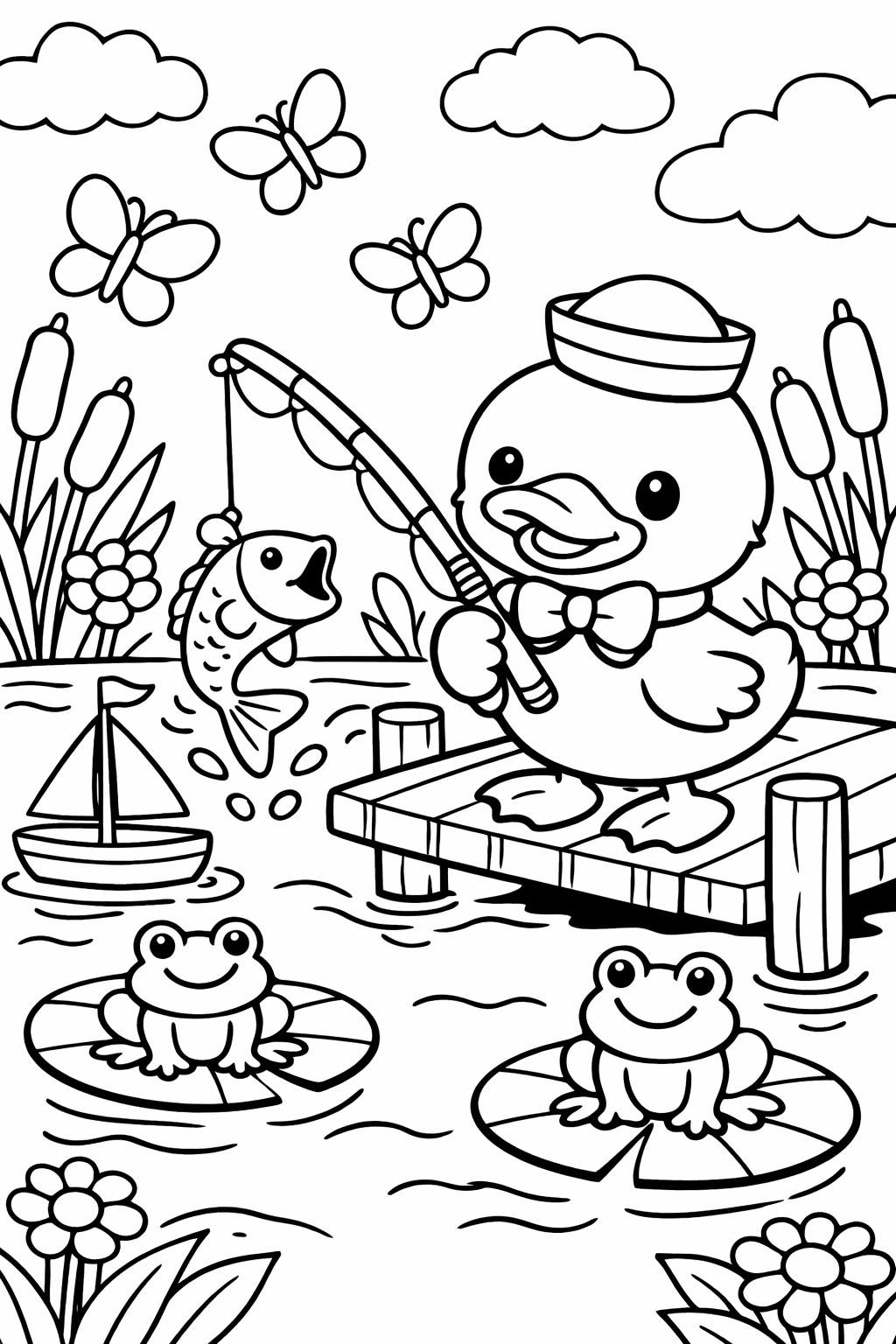 Coloring page of a duck fishing on a pond with happy frogs, butterflies, and cattails, capturing a playful and vibrant scene for kids to enjoy.
