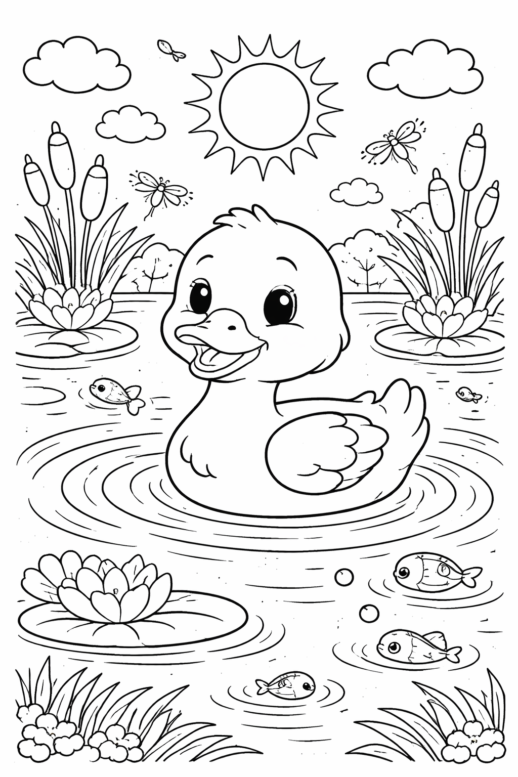 A cheerful duck in a pond with fish, cattails, and a sunny sky, creating a lively and engaging coloring experience for children.