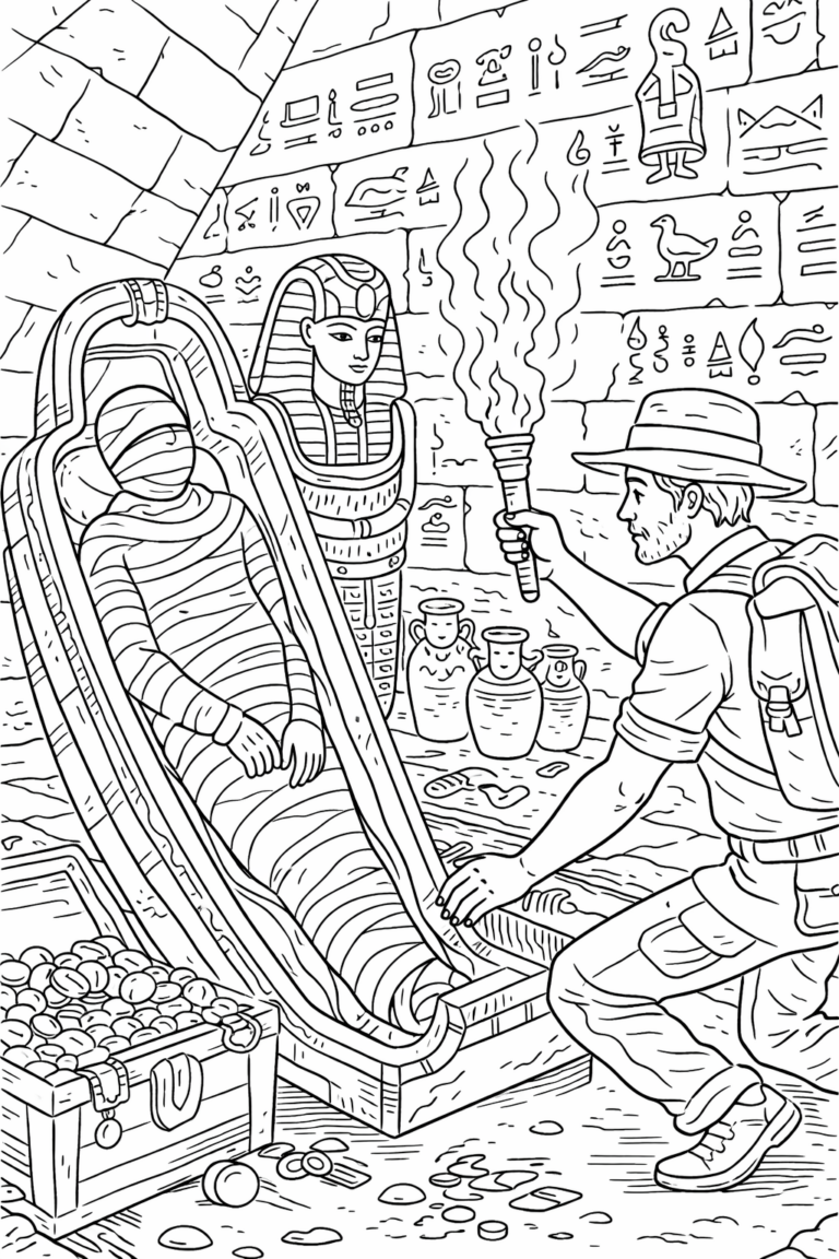 A coloring page depicting an explorer in an Egyptian tomb where a mummy rests in a sarcophagus. The walls have hieroglyphics, and there are ancient artifacts scattered around. Children can color the explorer, mummy, and the detailed background.