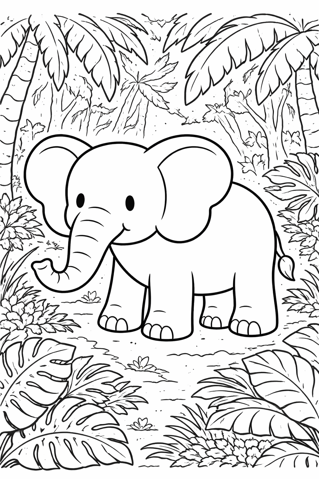 A cute elephant standing in a jungle with tropical plants. Children can color the elephant and lush green jungle, adding life to the scene. This coloring page encourages creativity and learning about jungle animals.