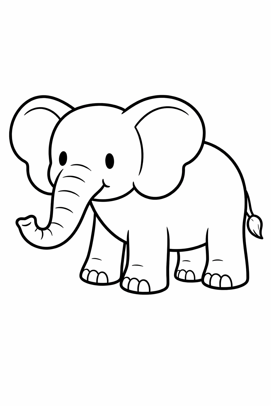 A delightful elephant coloring page shows a simple outline of a cartoon elephant with big ears and a friendly smile, perfect for children's coloring activities.