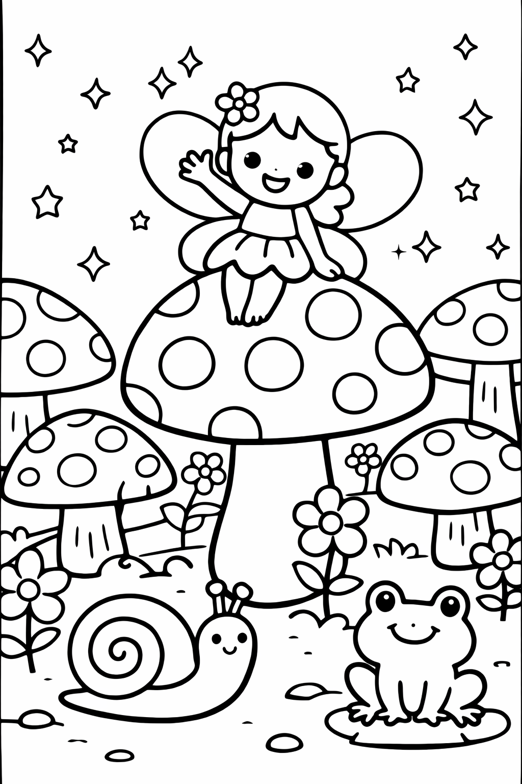 Coloring page with a fairy sitting on a mushroom, surrounded by a cheerful garden scene including a snail and a frog, perfect for children who love magical themes.