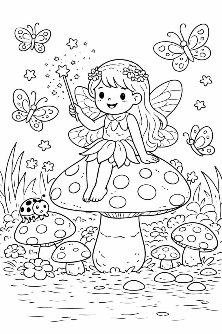 Coloring page of a whimsical scene with a fairy sitting on a large mushroom, surrounded by butterflies, stars, and a ladybug, creating a magical and enchanting forest setting.