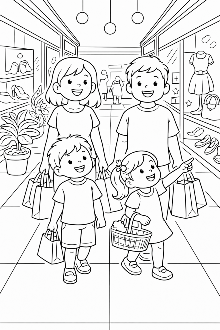 A detailed coloring page showing a family shopping at a mall, with a mother and children, surrounded by store displays and holding shopping bags.