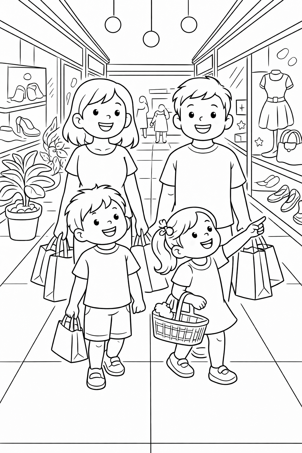 A detailed coloring page showing a family shopping at a mall, with a mother and children, surrounded by store displays and holding shopping bags.