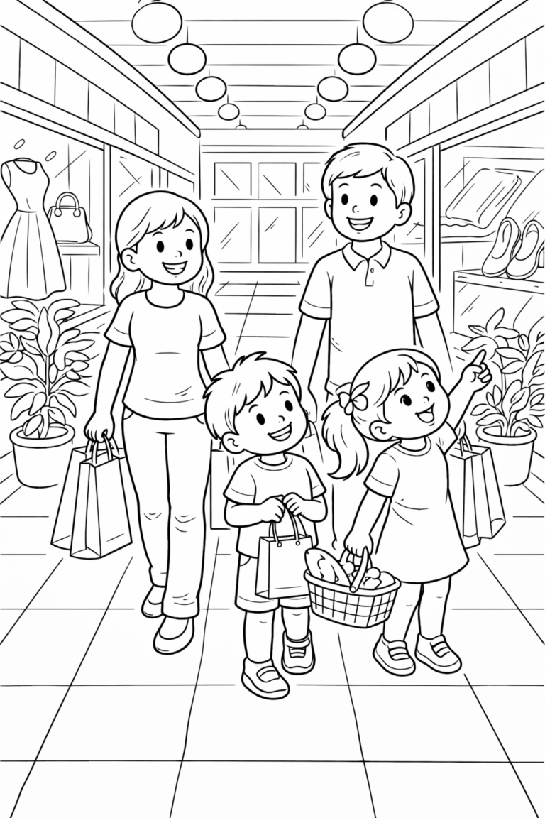 A happy family of four, including a mother, father, and two kids, is depicted shopping in a mall. The illustration presents various shops with products, enhancing the coloring experience with detailed elements.