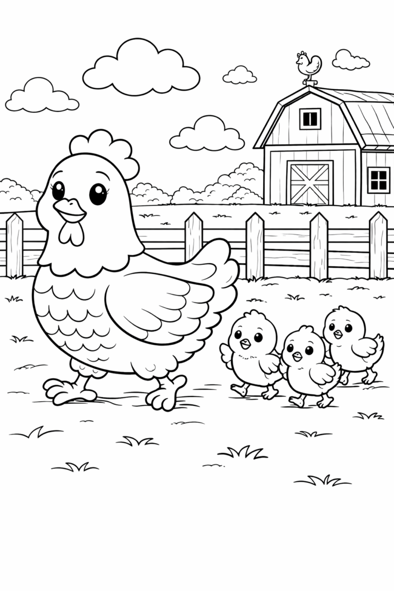 Color a farm scene with a hen and her three playful chicks walking through the farmyard. A barn, fence, and rooster create a lively background for children to color.
