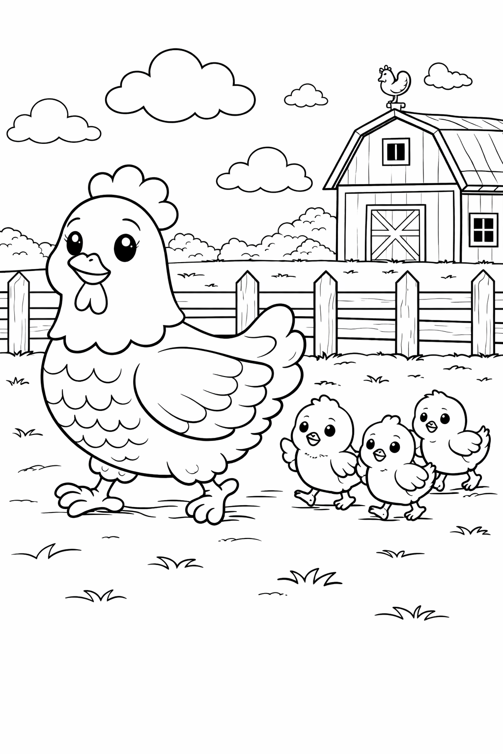 Color a farm scene with a hen and her three playful chicks walking through the farmyard. A barn, fence, and rooster create a lively background for children to color.