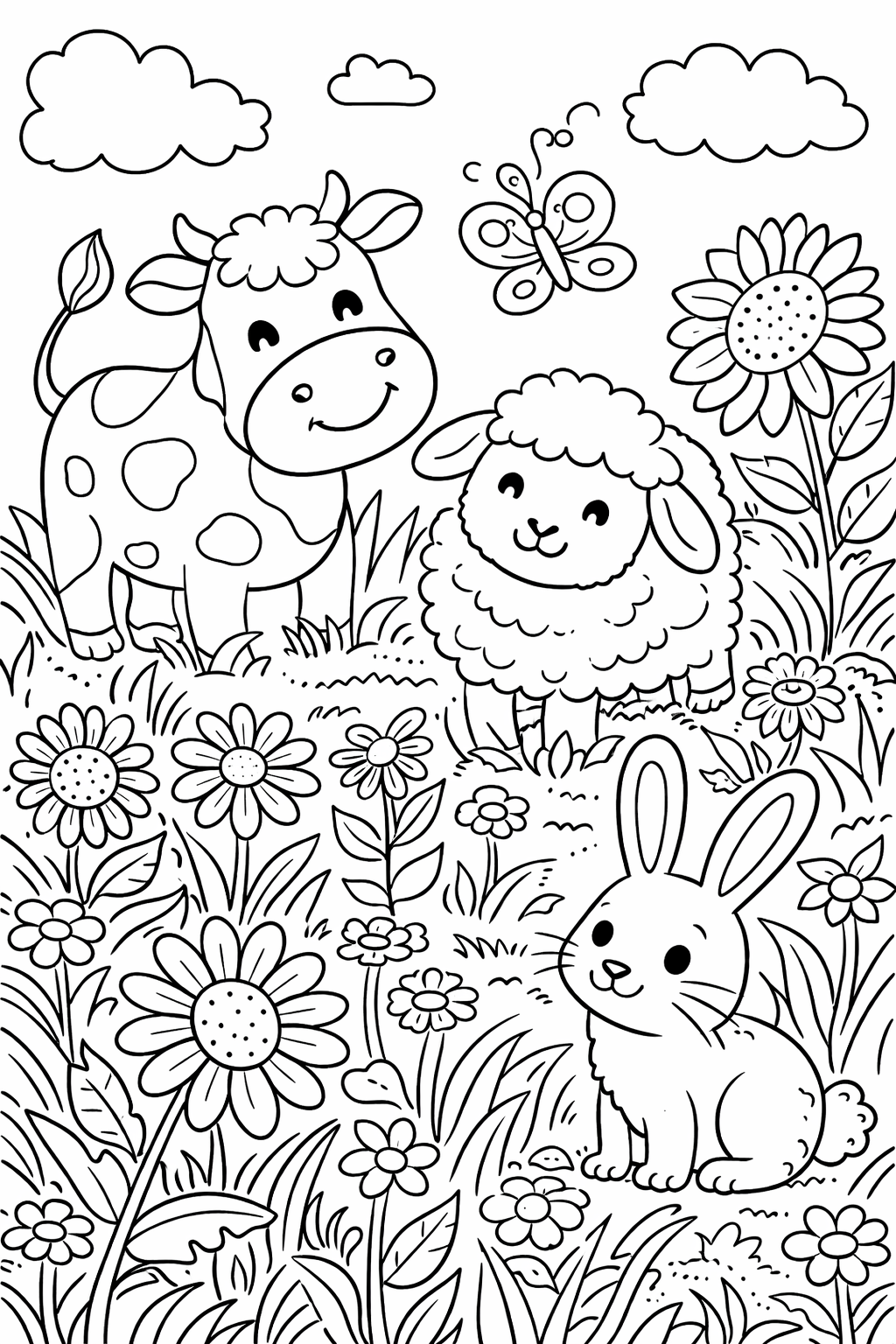 A charming coloring page showing a cow, sheep, and rabbit in a field of flowers. Ideal for children to color and explore farm animals.