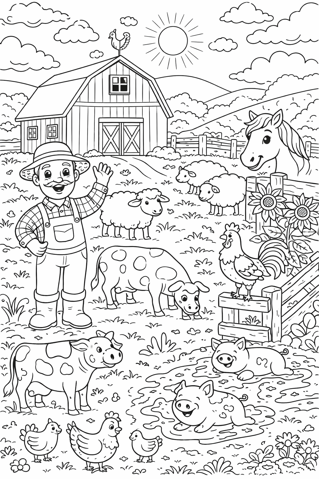 A farm scene with a happy farmer, cows, sheep, pigs, chickens, and a horse in front of a barn. Sunflowers and a sunny day background set a cheerful tone, perfect for children's coloring activities.