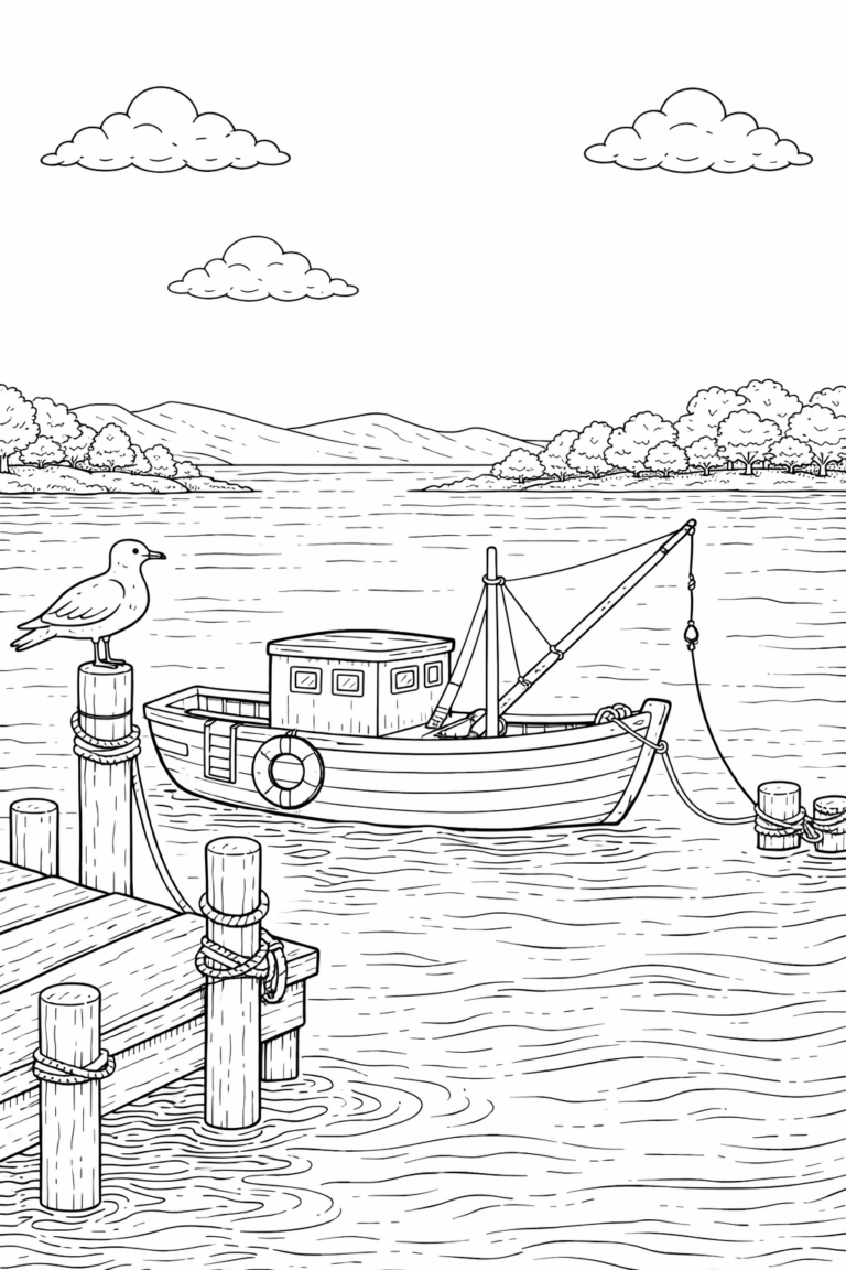 A scenic lake view with a charming fishing boat. A seagull perches on the dock, and the background features hills and clouds. Children can fill this detailed scene with vibrant colors to spark their imagination and artistic creativity.