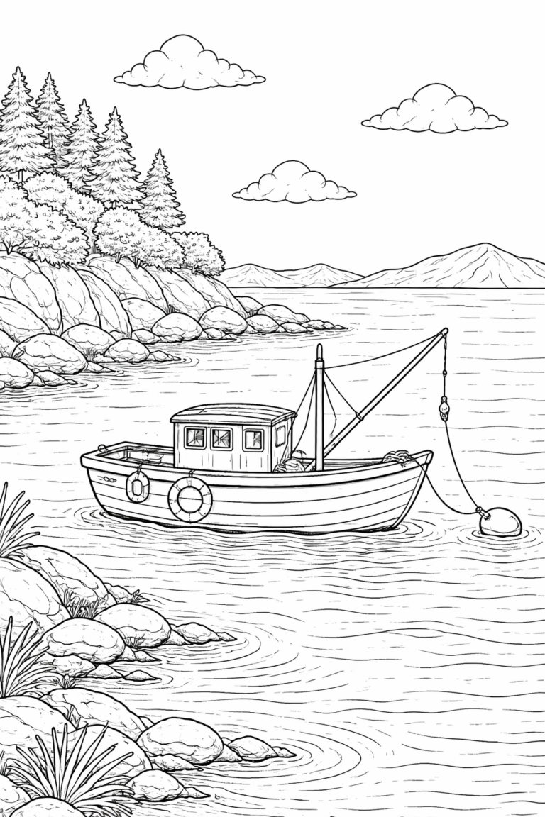 A fishing boat on a calm lake with rocky shores and trees. Ideal for kids to color and explore nature's beauty.