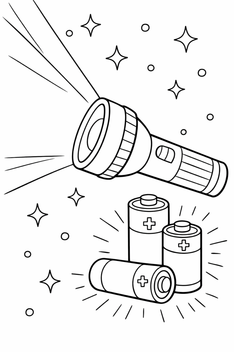 A flashlight lighting up the page with stars and batteries, inviting kids to fill it with vibrant colors and explore their creativity.