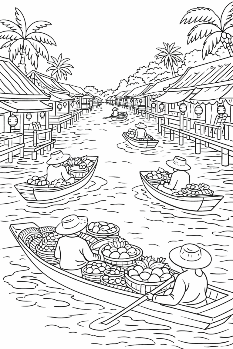 This detailed coloring page portrays a bustling floating market scene with boats, laden with fruits, navigating a canal lined with charming houses and tropical palm trees. It offers a vivid glimpse into vibrant market life, perfect for children to explore and color.