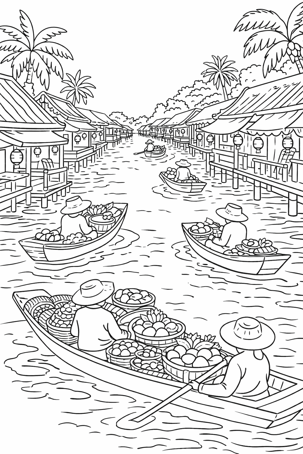 This detailed coloring page portrays a bustling floating market scene with boats, laden with fruits, navigating a canal lined with charming houses and tropical palm trees. It offers a vivid glimpse into vibrant market life, perfect for children to explore and color.