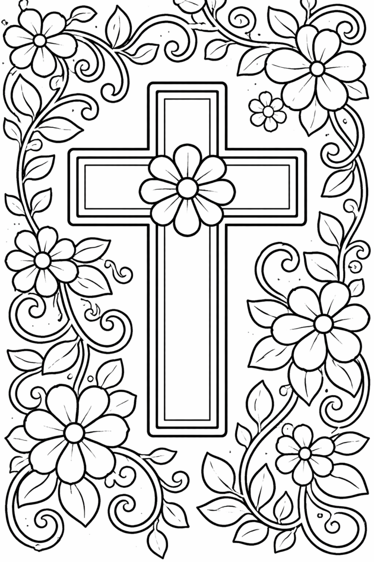 A detailed coloring page showcasing a cross with ornate floral decorations. Swirls of vines and blossoms frame the cross, creating a serene and artistic scene for children to color.
