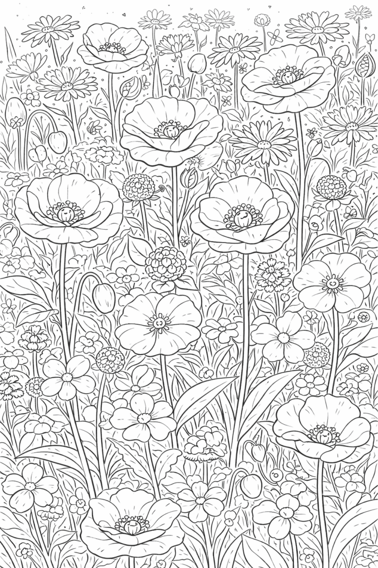 A detailed coloring page depicting a flower garden with numerous blossoms and intricate floral patterns. This engaging page invites children to explore creativity with various colors while enhancing fine motor skills as they color the flowers and leaves.