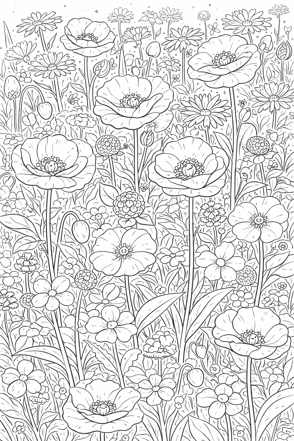 A detailed coloring page depicting a flower garden with numerous blossoms and intricate floral patterns. This engaging page invites children to explore creativity with various colors while enhancing fine motor skills as they color the flowers and leaves.
