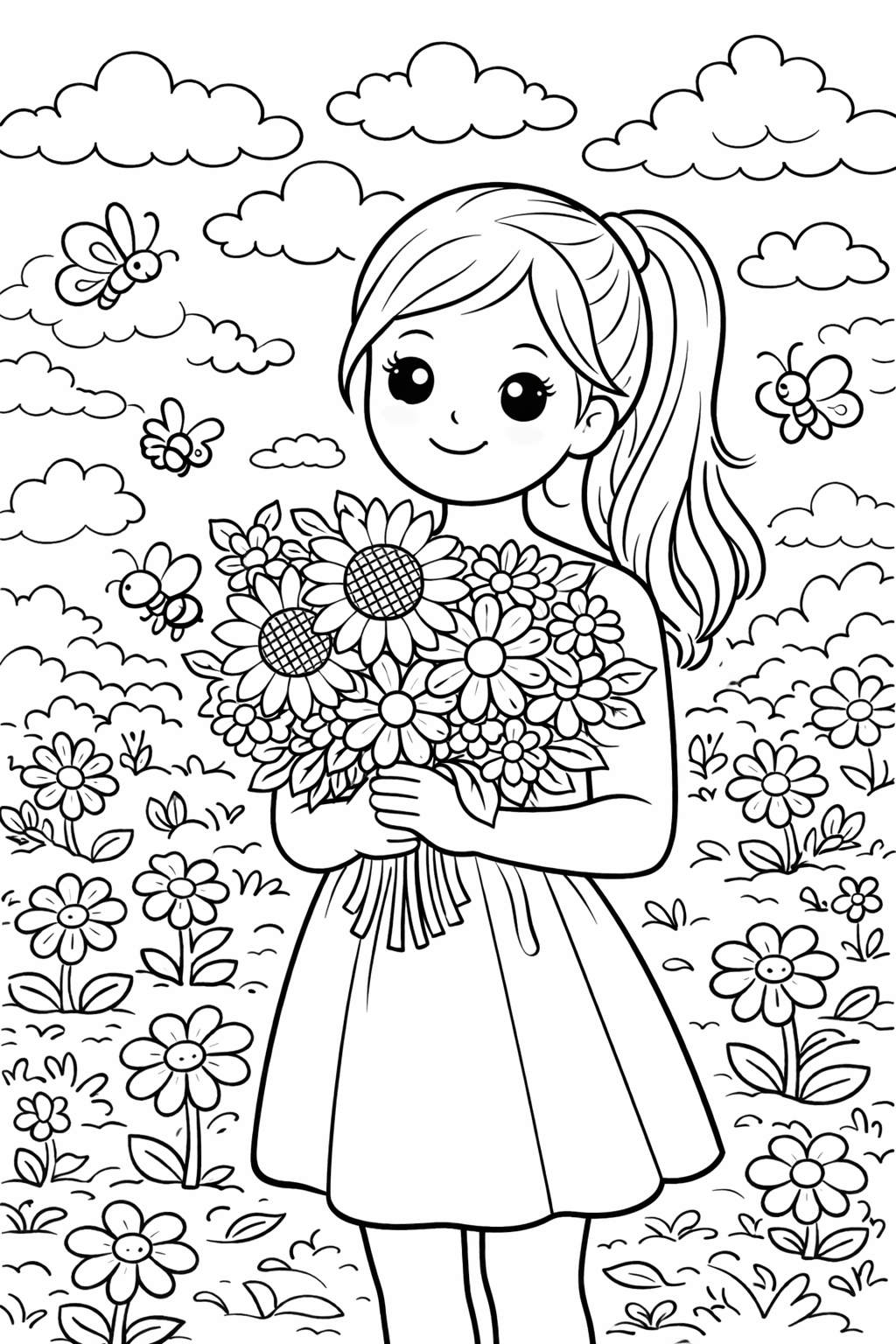 A joyful girl holding a bouquet of flowers in a blooming field. Butterflies are flying around, enhancing the nature-themed coloring experience for children.