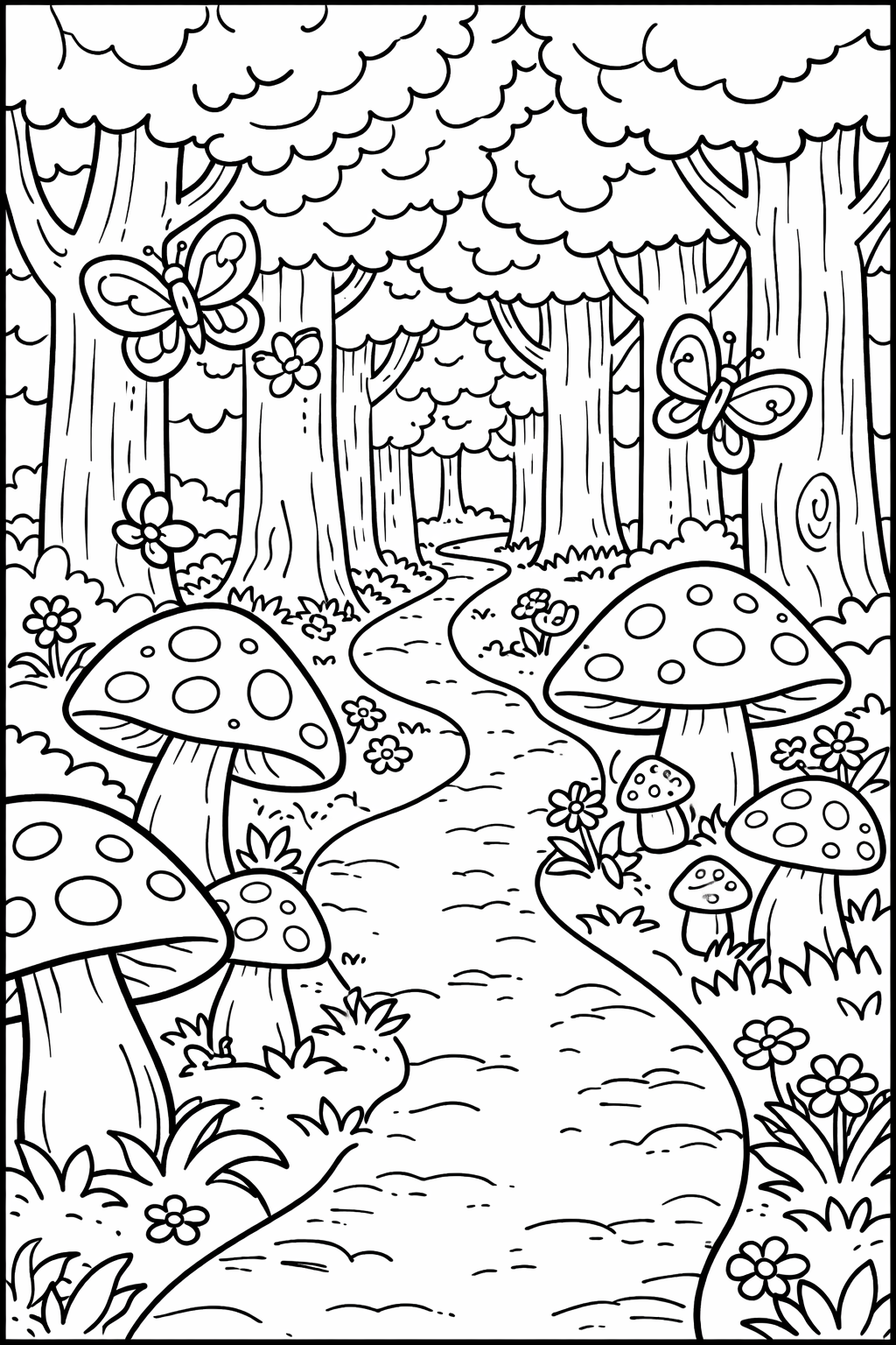 A coloring page depicting a magical forest with tall trees, large mushrooms, butterflies, and a winding path, perfect for children to color and explore their creativity.