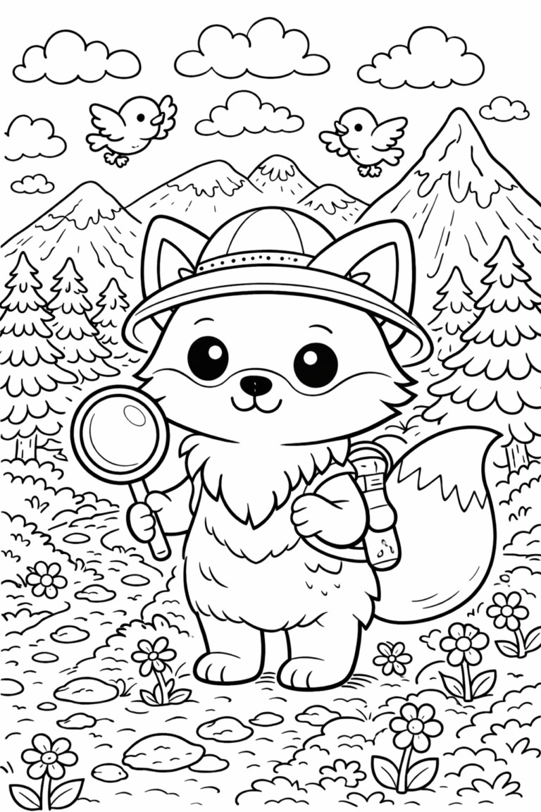 An adorable fox in a forest holding a magnifying glass. It wears a hat and is surrounded by mountains, trees, and flowers. Birds fly in the clear sky, creating a cheerful scene for children to color.